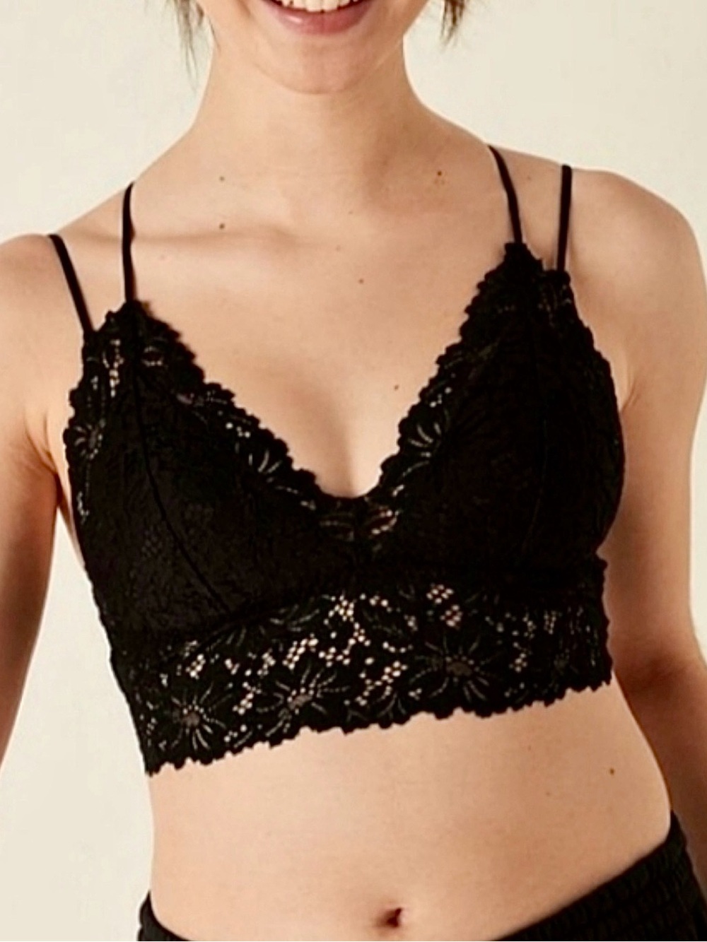 PINK Victoria's Secret Womens Medium Long Line Padded Bralette Floral Lace Black